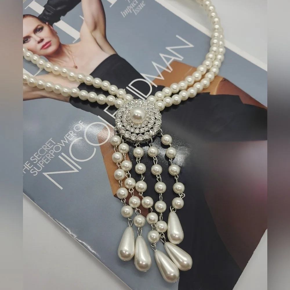 NWT Pearl Crystal Tassel Art Deco Silver Necklace & Earrings Set